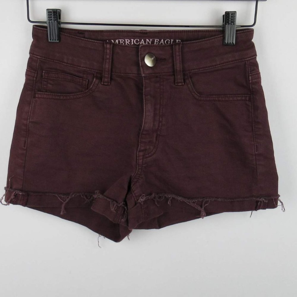 American Eagle Burgundy Super Super Stretch Hi-Rise Shortie Denim Shorts sz 2